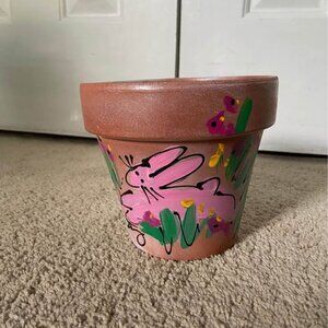 Hand Painted Pink Bunny Rabbit Clay Terra Cotta Pot